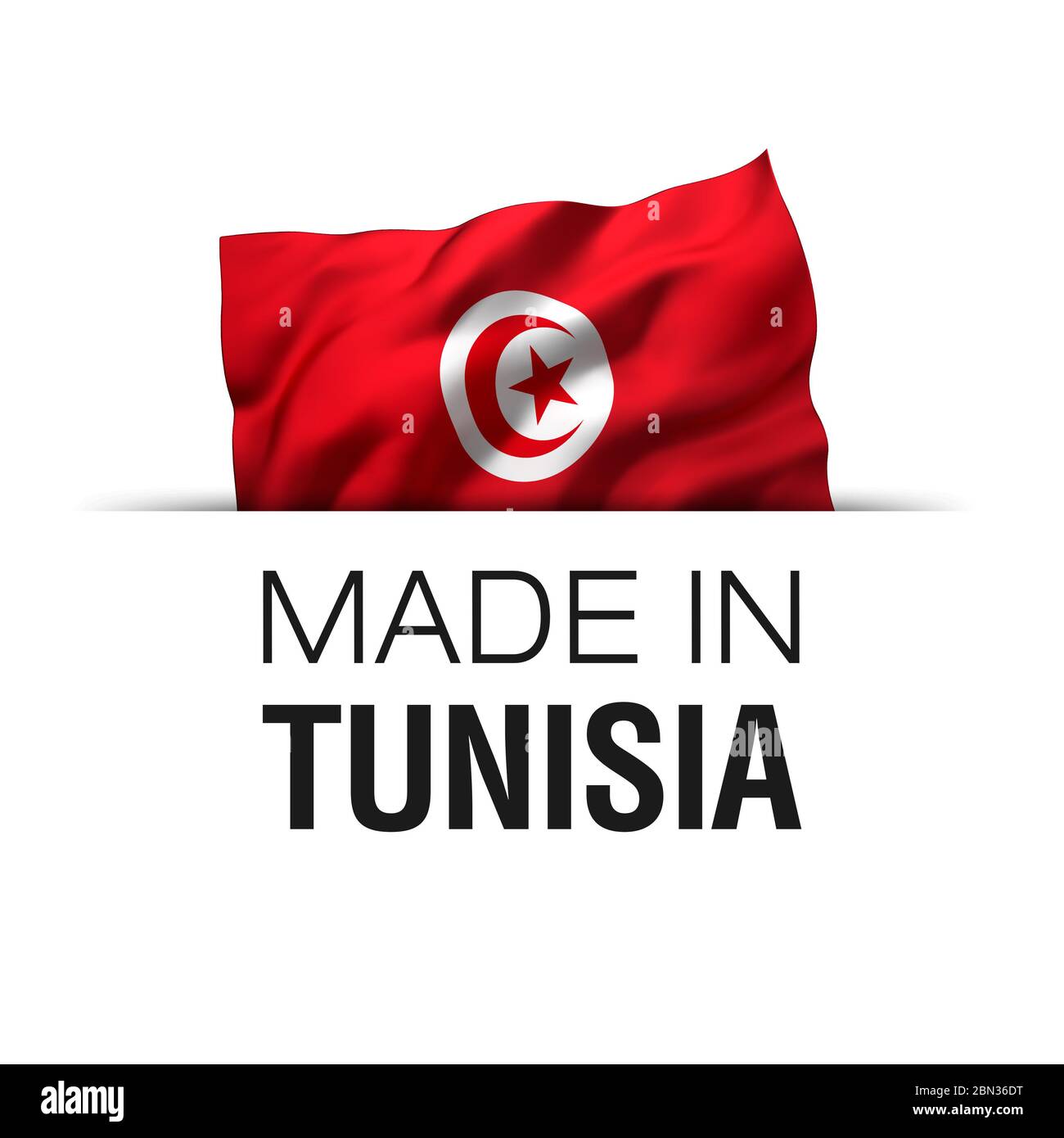 Made in Tunisia - Garantie-Label mit einer winkenden tunesischen Flagge. 3D-Darstellung. Stockfoto