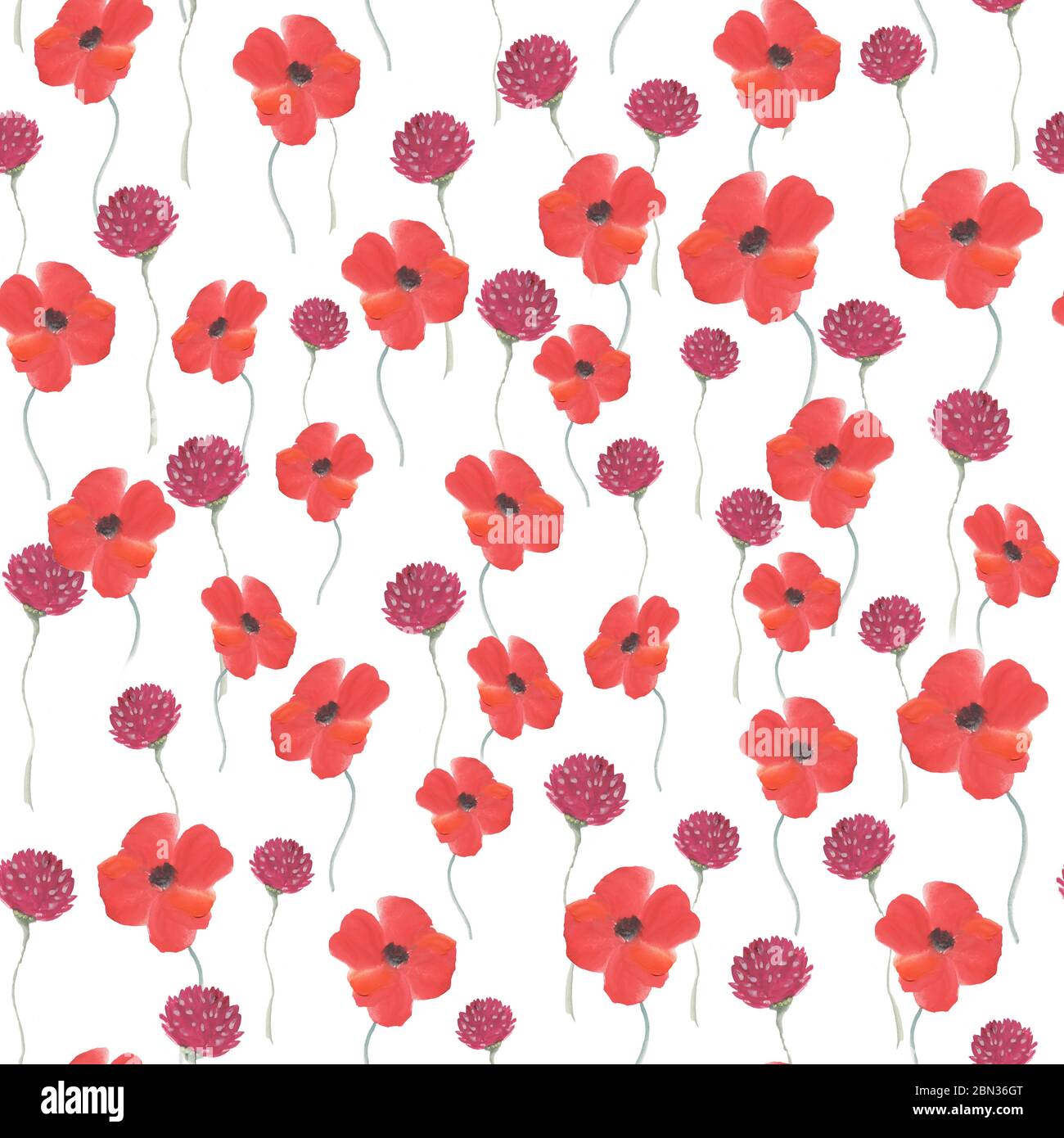 Handgezeichneter Strauß aus Mohn und Klee. Florales Nahtloses Muster. Stockfoto