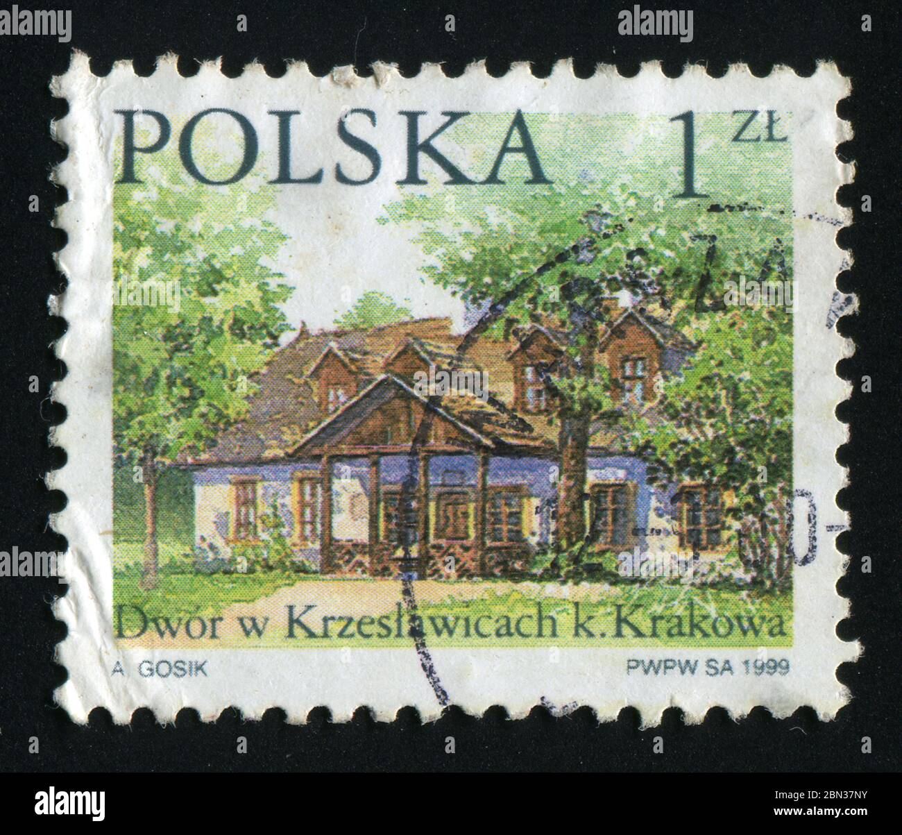 POLEN -UM 1999: Briefmarke gedruckt von Polen, zeigt Landhaus in der Umgebung von Krakau, um 1999. Stockfoto