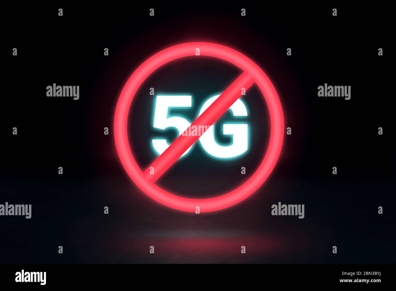 Stockillustration von 5G verboten mit einem rot beleuchteten Signal auf dunklem Hintergrund isoliert Stockfoto