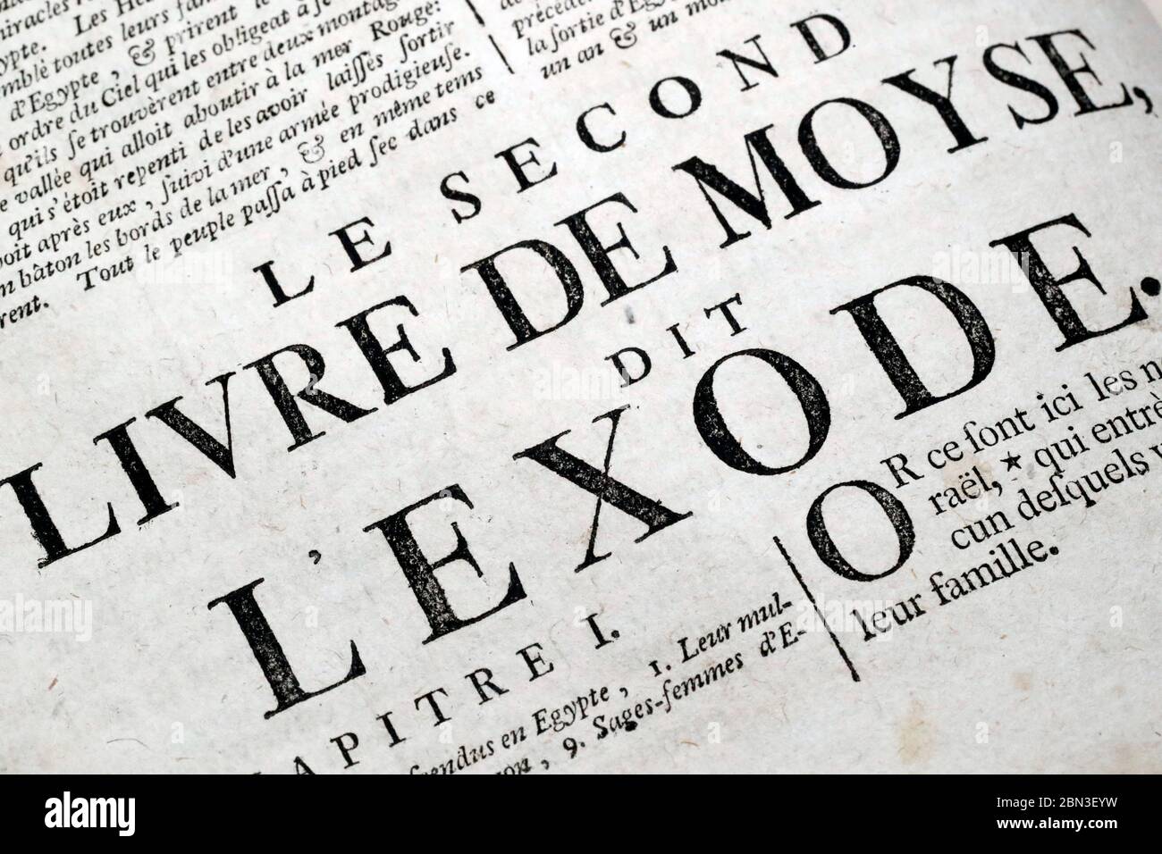 Alte Bibel auf französisch. 18. Jahrhundert. Altes Testament. Exodus. Das zweite Buch Mose. Frankreich. Stockfoto
