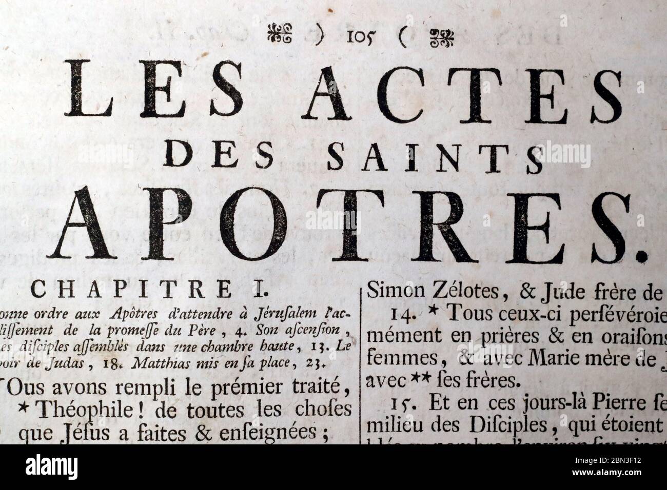 Alte Bibel auf französisch. 18. Jahrhundert. NewTestament. Die Apostelgeschichte. Frankreich. Stockfoto