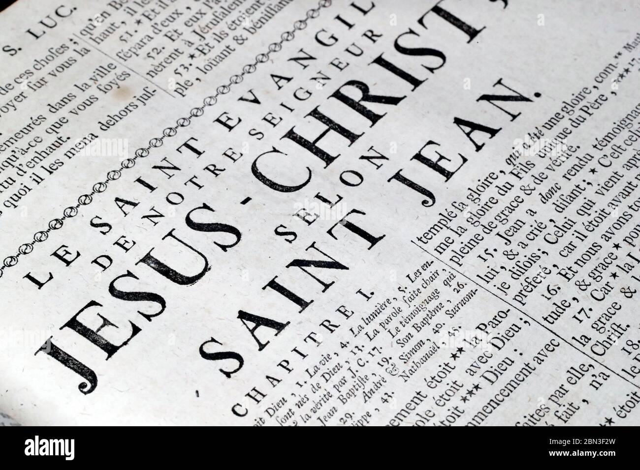Alte Bibel auf französisch. 18. Jahrhundert. NewTestament. Das Evangelium nach Johannes. Frankreich. Stockfoto