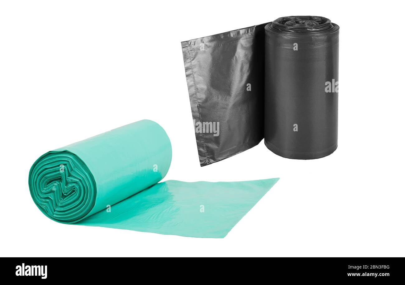 Rollen von Einweg-Müllbeutel isoliert auf weißem Hintergrund Stockfoto
