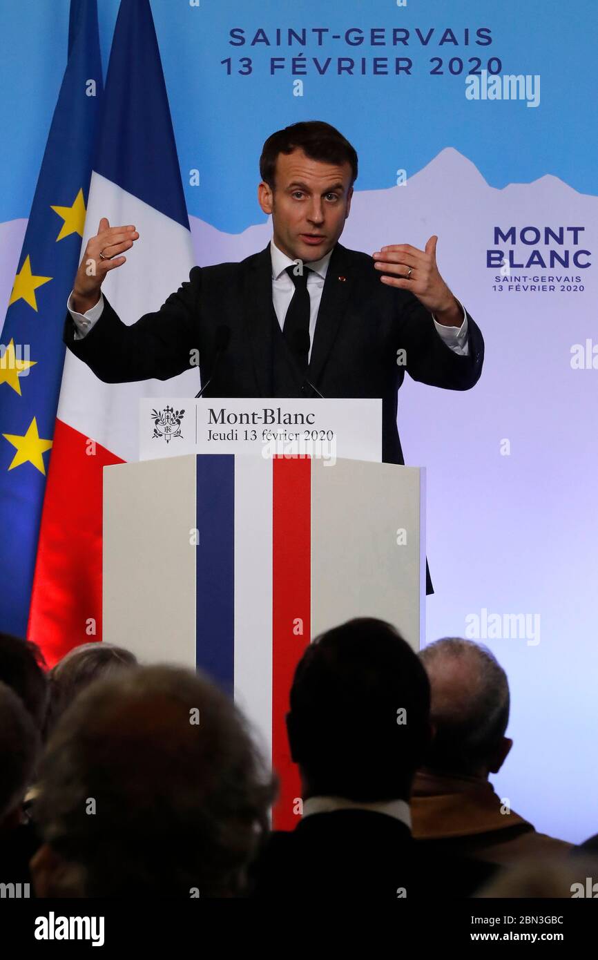 Der Französische Präsident Emmanuel Macron. Pressekonferenz. Saint-Gervais les Bains. Frankreich. Stockfoto
