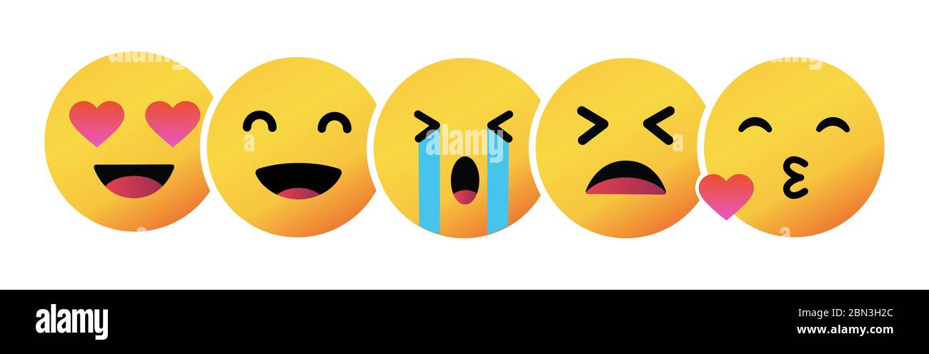 Emoticons gesetzt. Emoji Gesichter Emoticon Lächeln, digitale Smiley Ausdruck Emotion Gefühle, Chat Messenger Cartoon Emotes. Symbole für Vektorgrafik. Stock Vektor