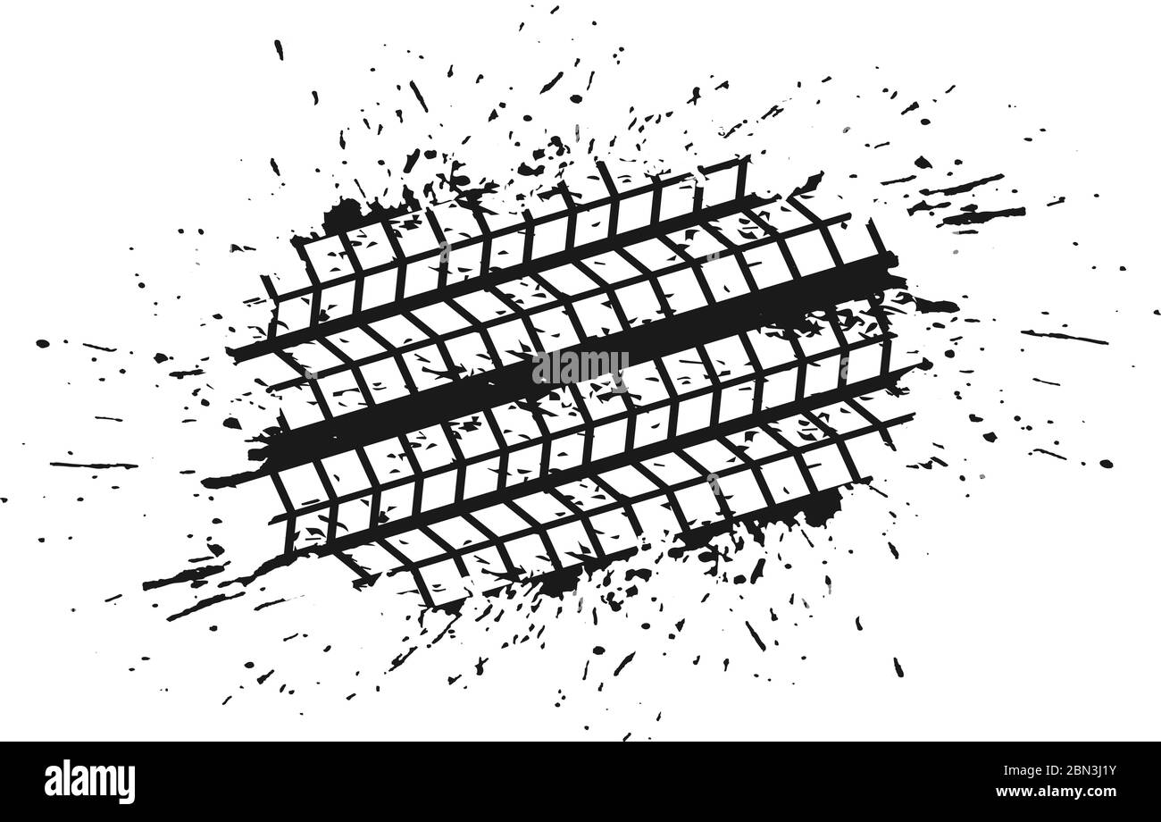 Schwarze Tinte Splash Blots mit Reifen Spur Silhouetten isoliert auf weißem Hintergrund. Stock Vektor