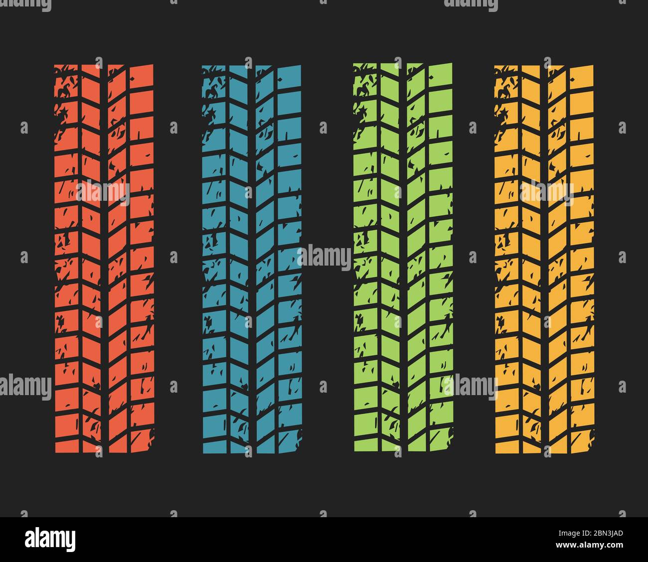 Sammlung Texturen von Vektor-Reifen Spuren mit separaten Grunge Textur, Reifenmarken, Reifenprofil, Laufflächenmarkierungen Silhouette, Muster für Maschine und Stock Vektor