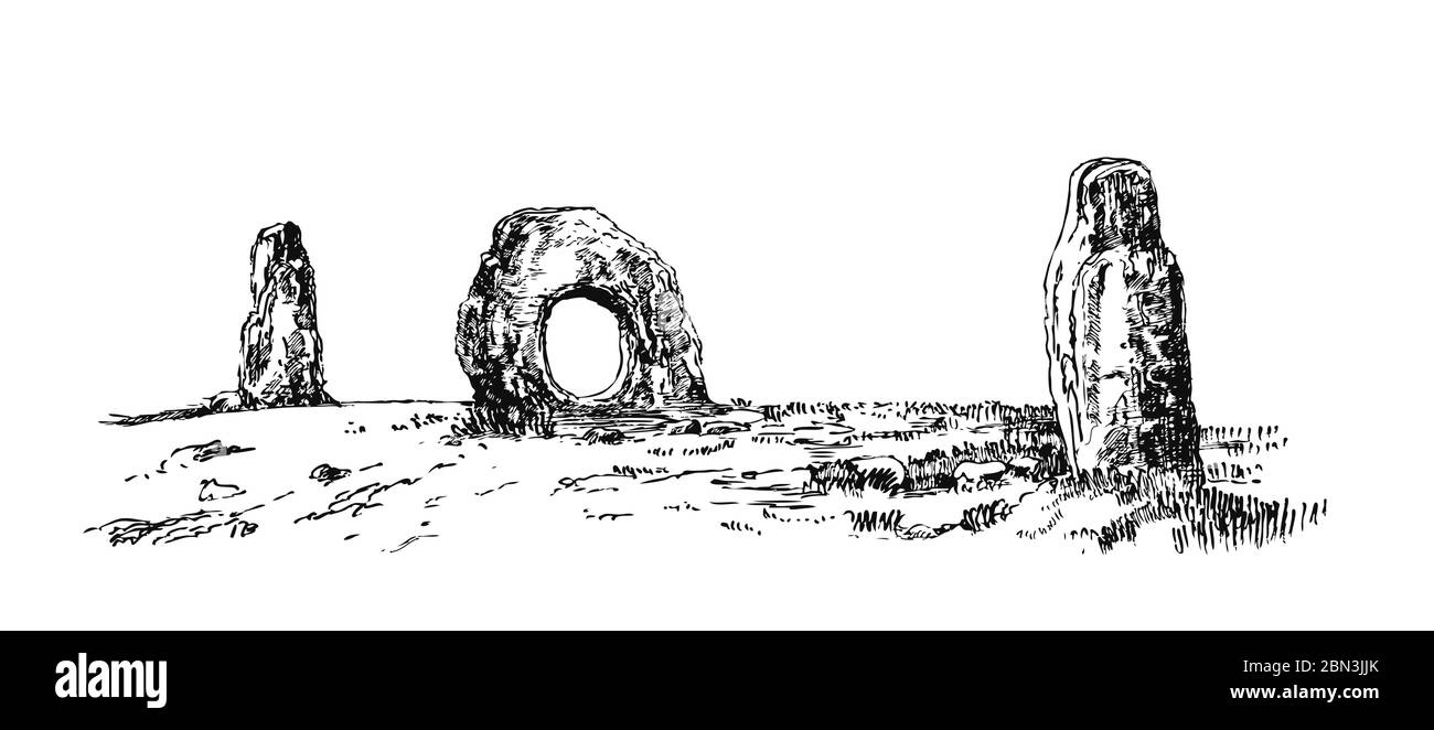 Menhire, vertikale Steine unbekannter Herkunft, Vektorgrafik. Grafische Zeichnung. Megalithen Steinzeit. Stock Vektor