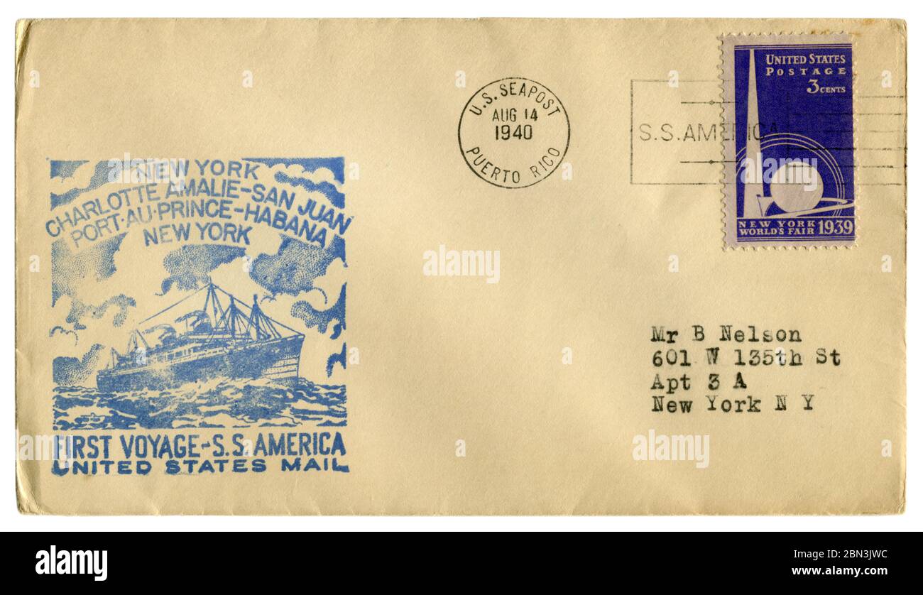 US Sea Post, Puerto Rico, USA - 14. August 1940: Historischer Umschlag: Einband mit Cachet erste Reise S.S. Amerika und Briefmarke Weltausstellung Stockfoto
