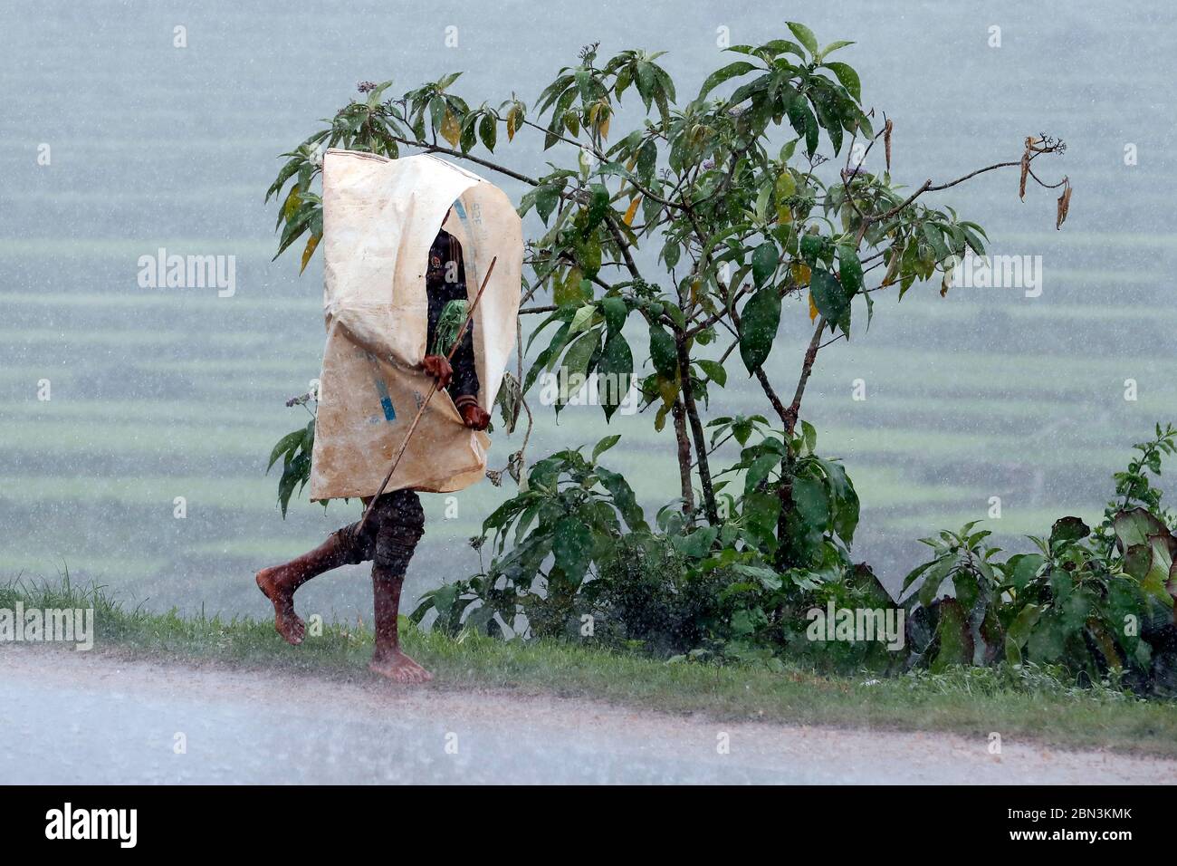 Mann unter einem Plastikbeutel bei starkem Regen. Madagaskar. Stockfoto
