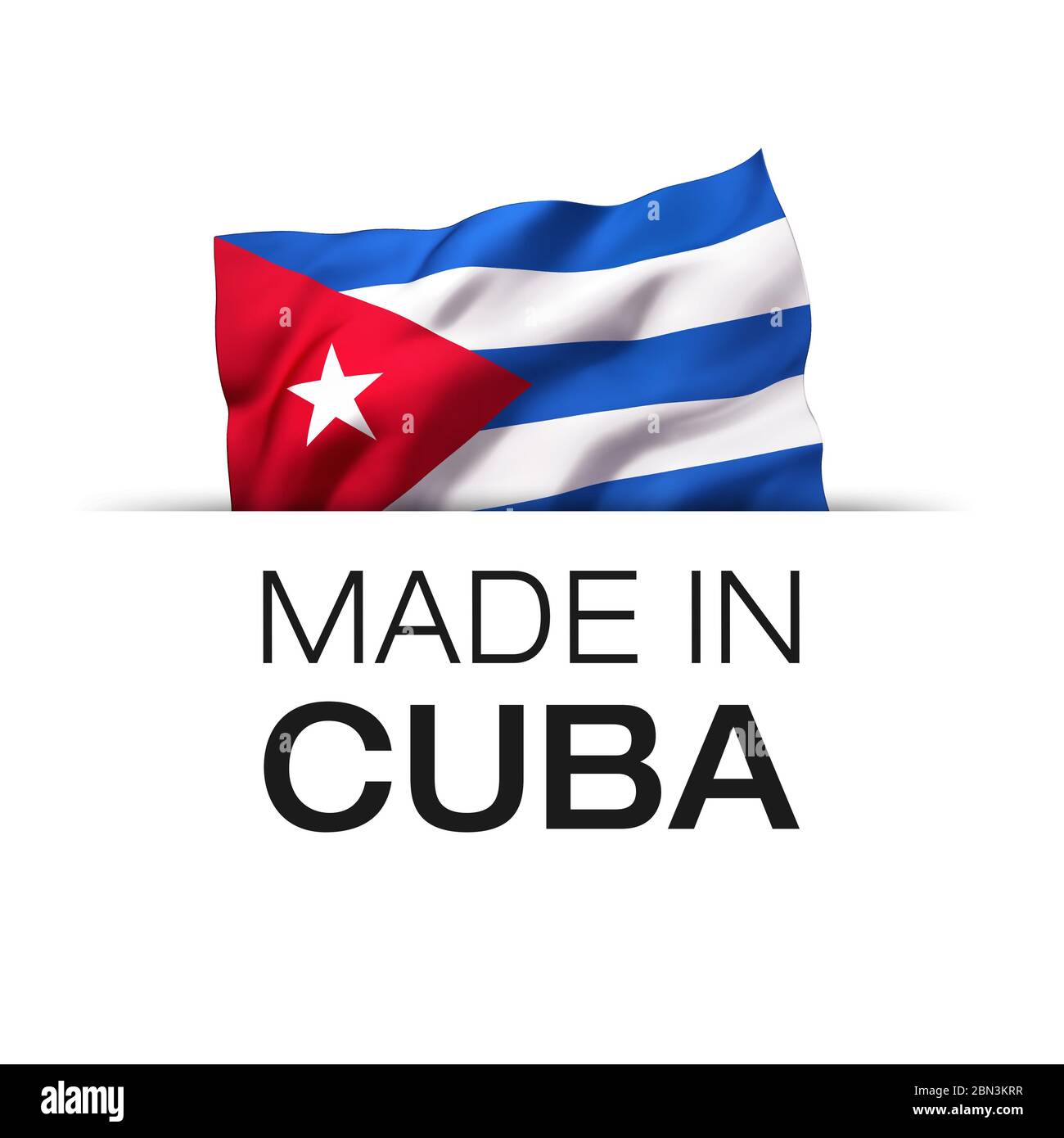 Made in Cuba - Garantie-Etikett mit einer winkenden kubanischen Flagge. 3D-Darstellung. Stockfoto