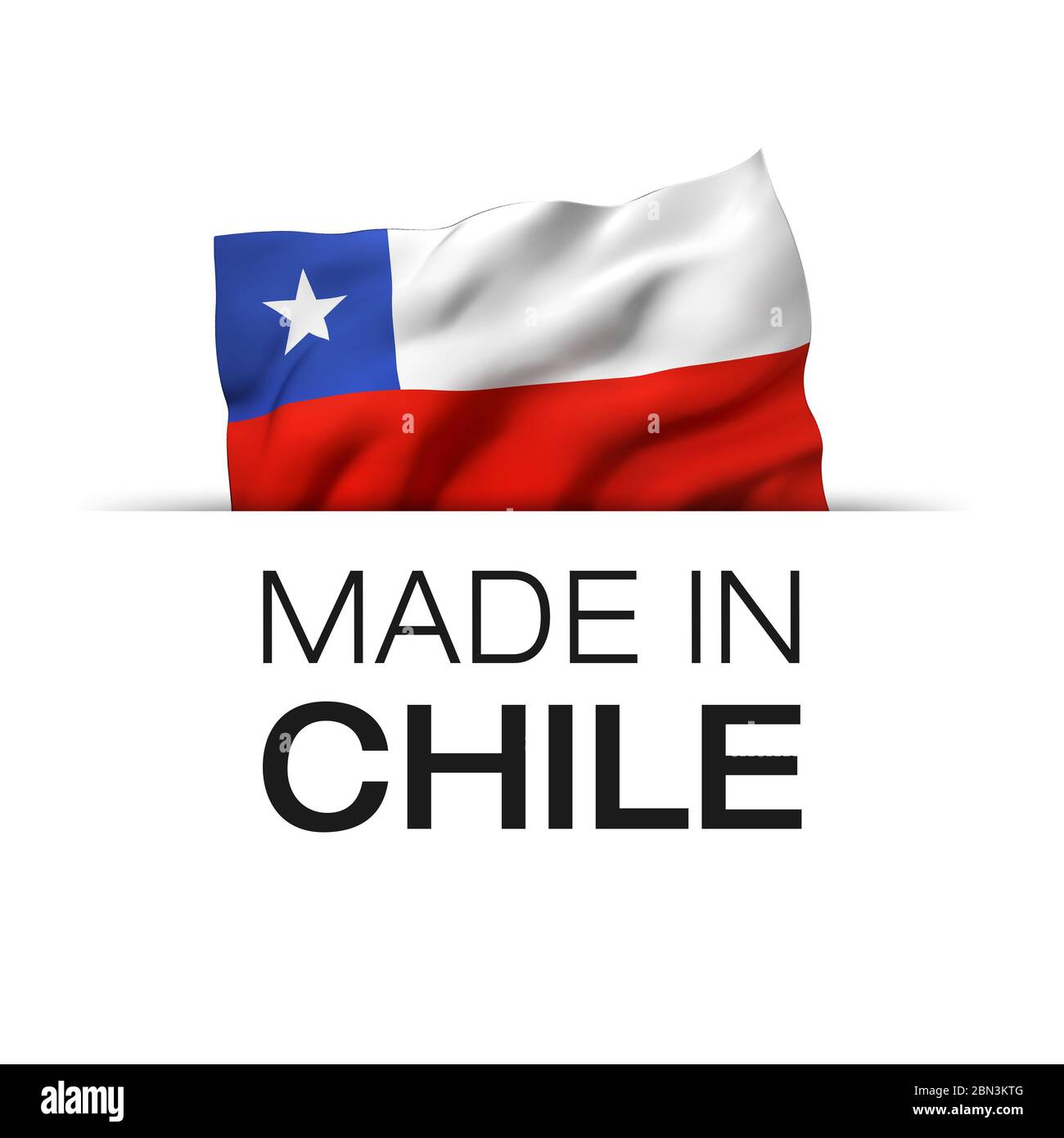 Made in Chile - Garantieetikett mit winkender chilenischer Flagge. 3D-Darstellung. Stockfoto