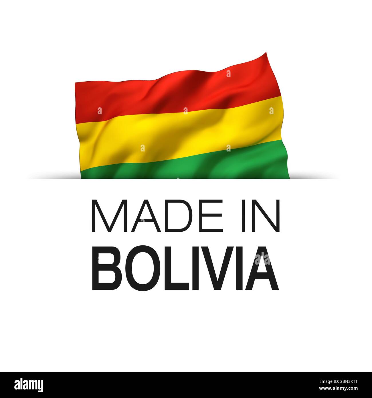 Made in Bolivia - Garantie-Label mit einer winkenden bolivianischen Flagge. 3D-Darstellung. Stockfoto