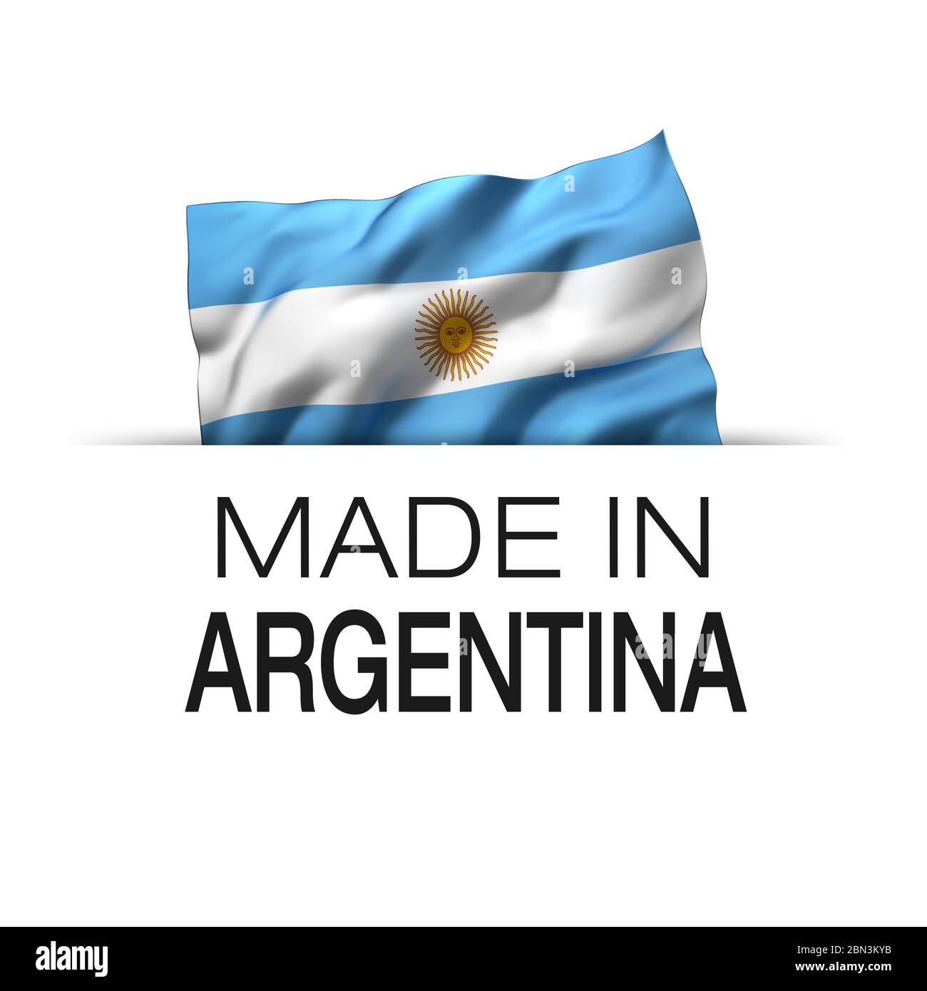 Made in Argentina - Garantie-Etikett mit einer schwenkenden argentinischen Flagge. 3D-Darstellung. Stockfoto