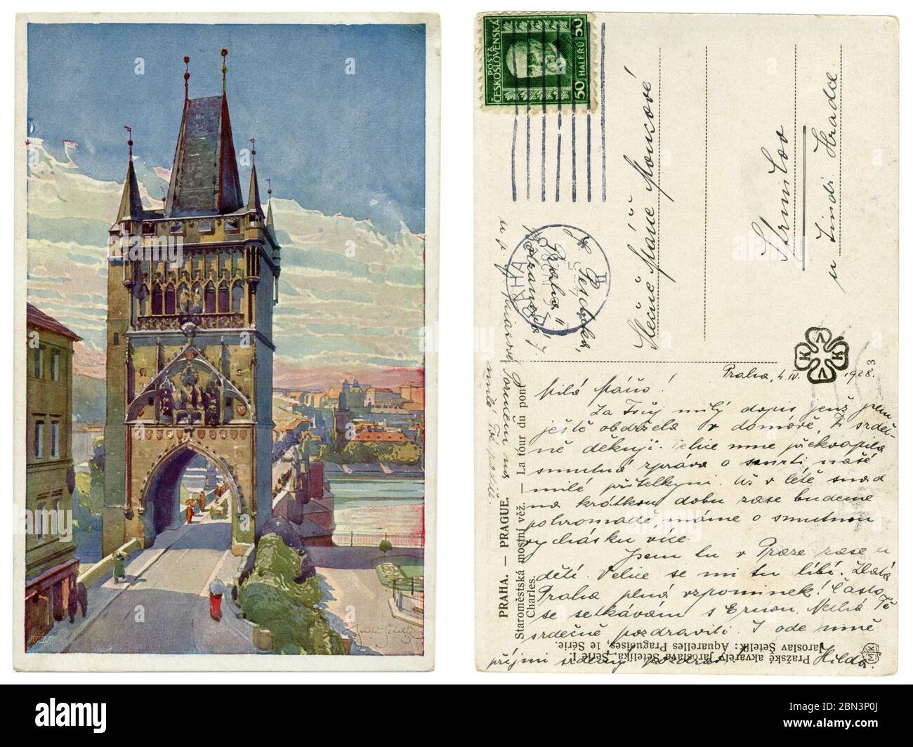 Tschechoslowakische historische Postkarte: Altstädter Brückenturm und Karlsbrücke über die Moldau, 1928, Prag, erste Tschechoslowakische Republik Stockfoto