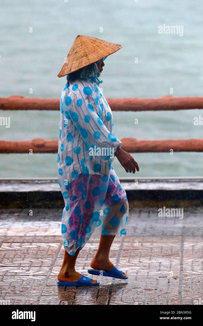 Vietnamesisch Frau mit konischen Hut unter dem Regen zu Fuß. Ha Tien. Vietnam. Stockfoto