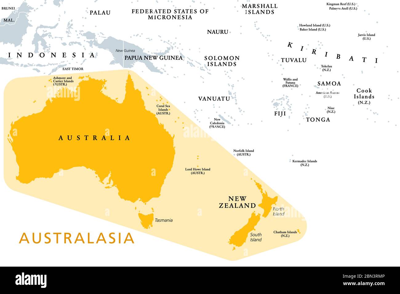 Australasien, Australien und Neuseeland, eine Unterregion Ozeaniens, politische Karte. Im UN-Geosschema der Kontinent Australien mit Neuseeland. Stockfoto