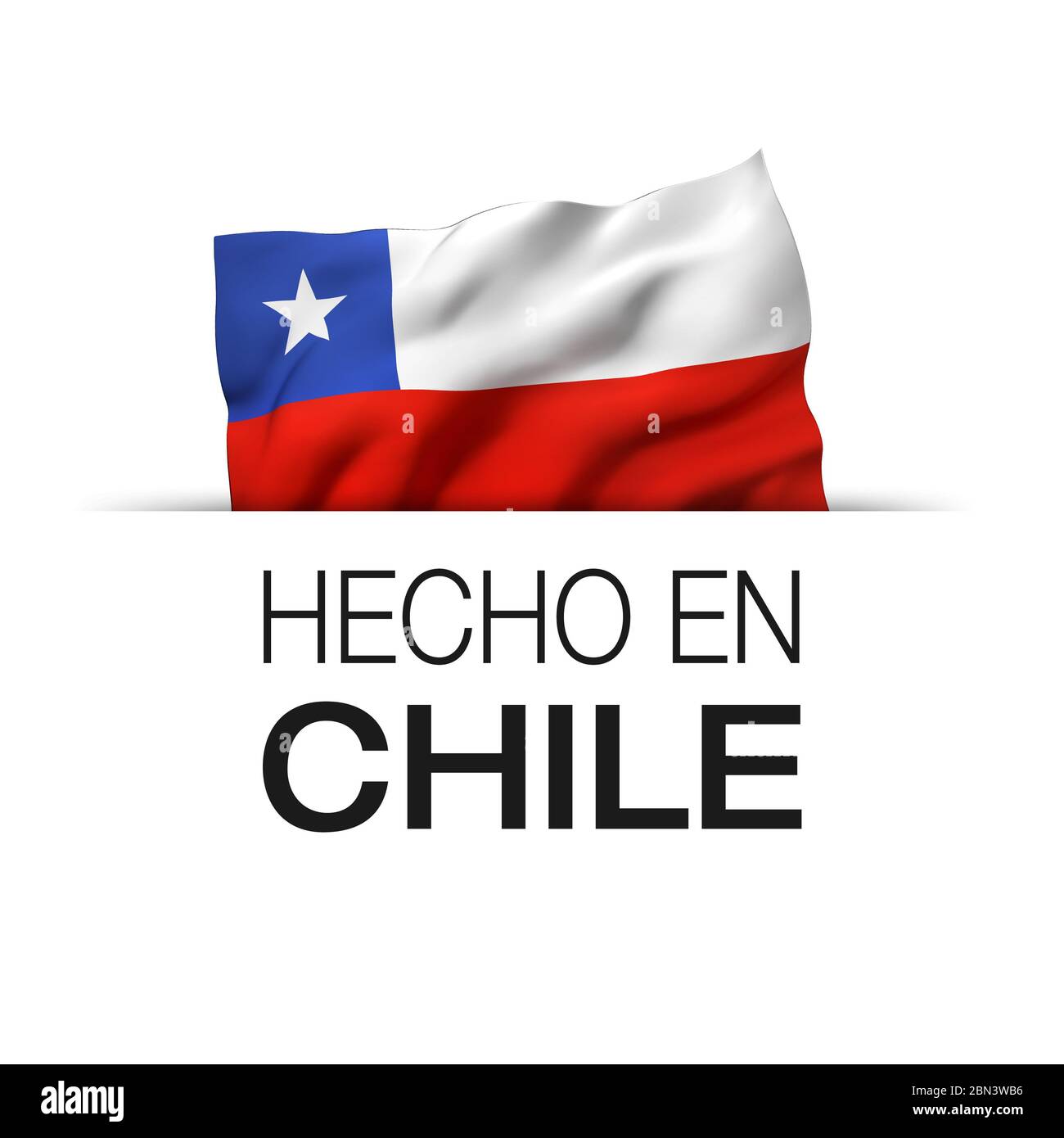 Made in Chile geschrieben in Spanisch - Garantieetikett mit einer winkenden chilenischen Flagge. 3D-Darstellung. Stockfoto