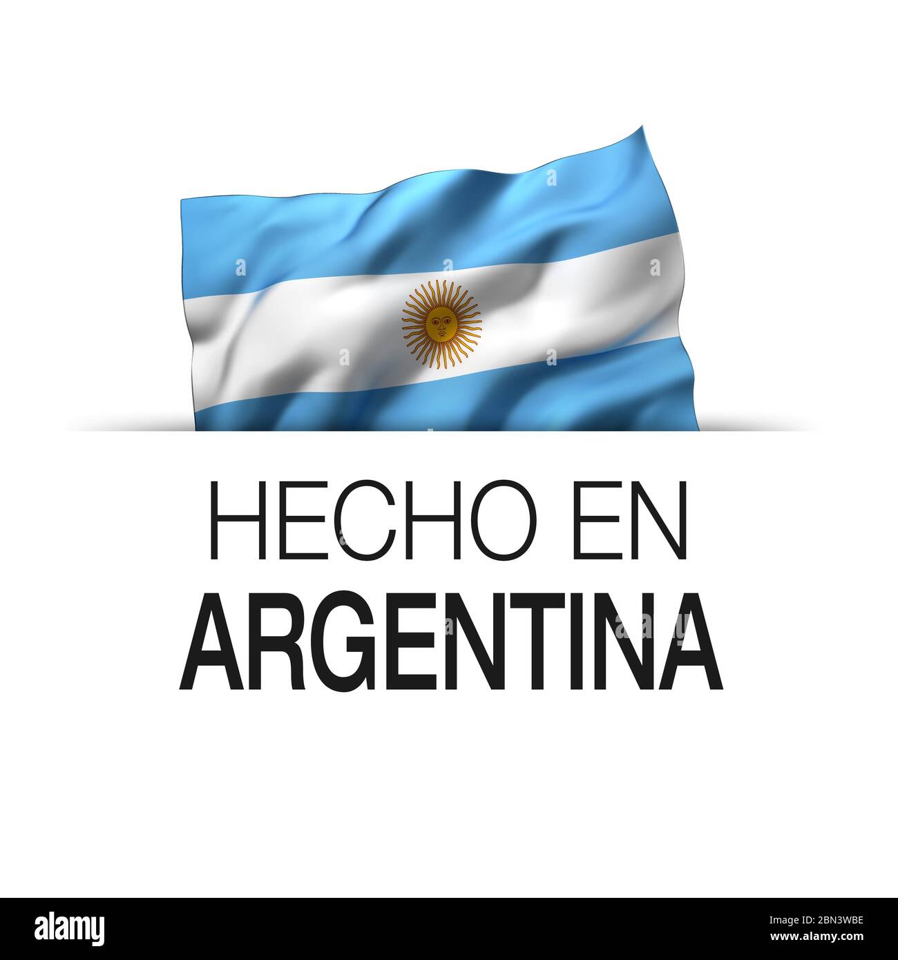Made in Argentina geschrieben in Spanisch - Garantie-Etikett mit einer wehenden argentinischen Flagge. 3D-Darstellung. Stockfoto