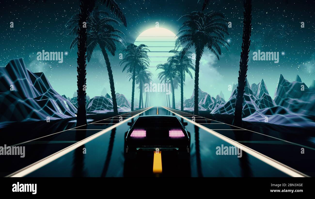 80er Jahre Retro futuristische Sci-Fi nahtlose Schleife. VJ Landschaft mit Oldtimer Stockfoto