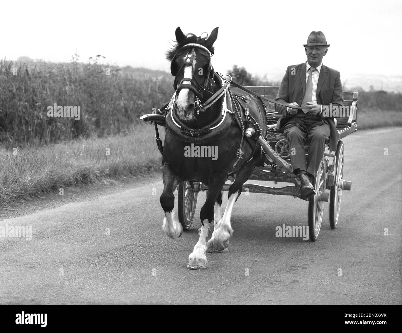 1980er Jahre, ein Reisender Gentleman in Anzug, Krawatte und Hut, reitet mit Pferd und Wagen auf einer offenen Landstraße, Yorkshire, England, Großbritannien. Stockfoto