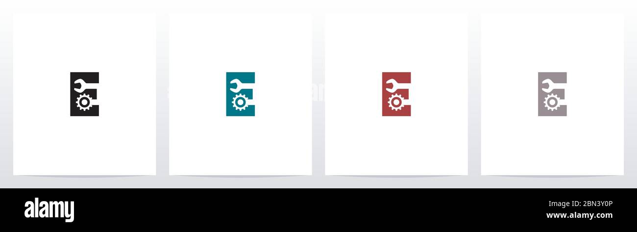 Schraubenschlüssel und Zahnräder auf Logo-Design E Stock Vektor
