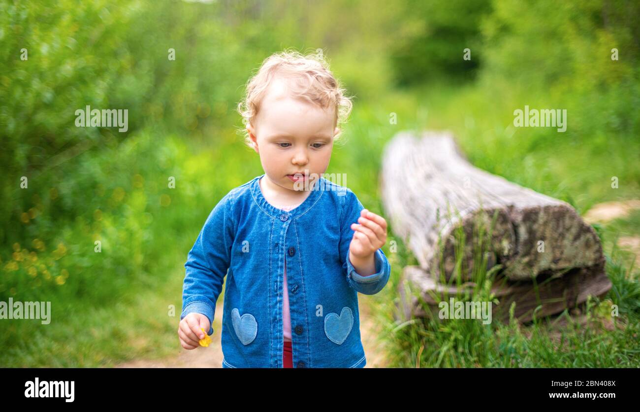 Kleines Mädchen spielt auf der Natur vor dem Hintergrund der grünen. Stockfoto