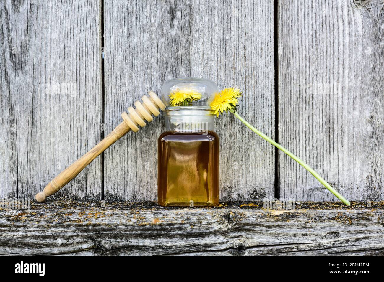 Löwenzahn Blumen Honig auf altem Holz Hintergrund, Vintage Hintergrund. Stockfoto