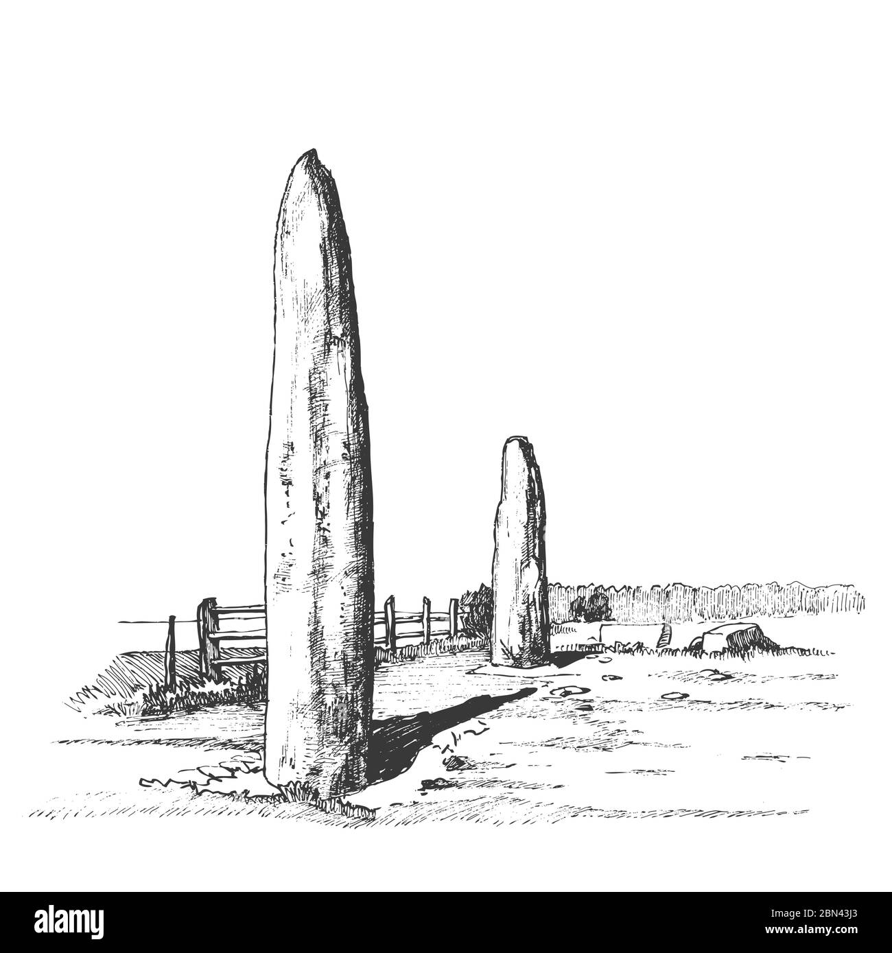 Menhire, vertikale Steine unbekannter Herkunft, Vektorgrafik. Grafische Zeichnung. Megalithen. Steinzeit Stock Vektor