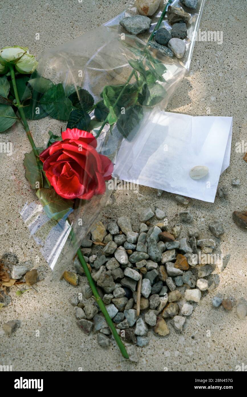 Blumen, Notizen und Steine, die von Fans auf dem Grab von Jean Paul Sartre und Simone de Beauvoir auf dem Friedhof Montparnasse hinterlassen wurden.Paris.Frankreich Stockfoto