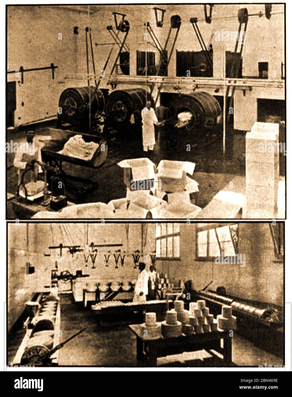 Molkereiindustrie in Großbritannien - Typische Butter- und Käseanlagen in einer britischen Fabrik aus dem Jahr 1927. Stockfoto