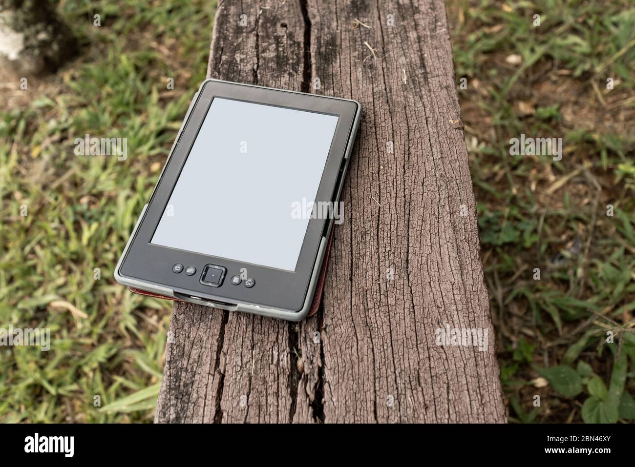 Digitaler Buchleser, E-Book, auf Holzbank im Garten, Areal, Rio de Janeiro, Brasilien Stockfoto