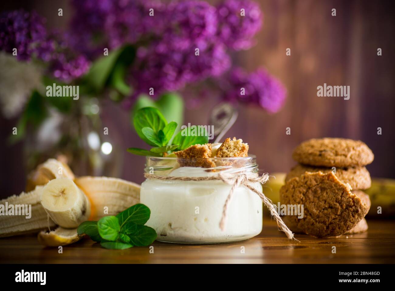 Süßer hausgemachter Joghurt mit frischen Bananen und Scheiben Haferflocken Stockfoto