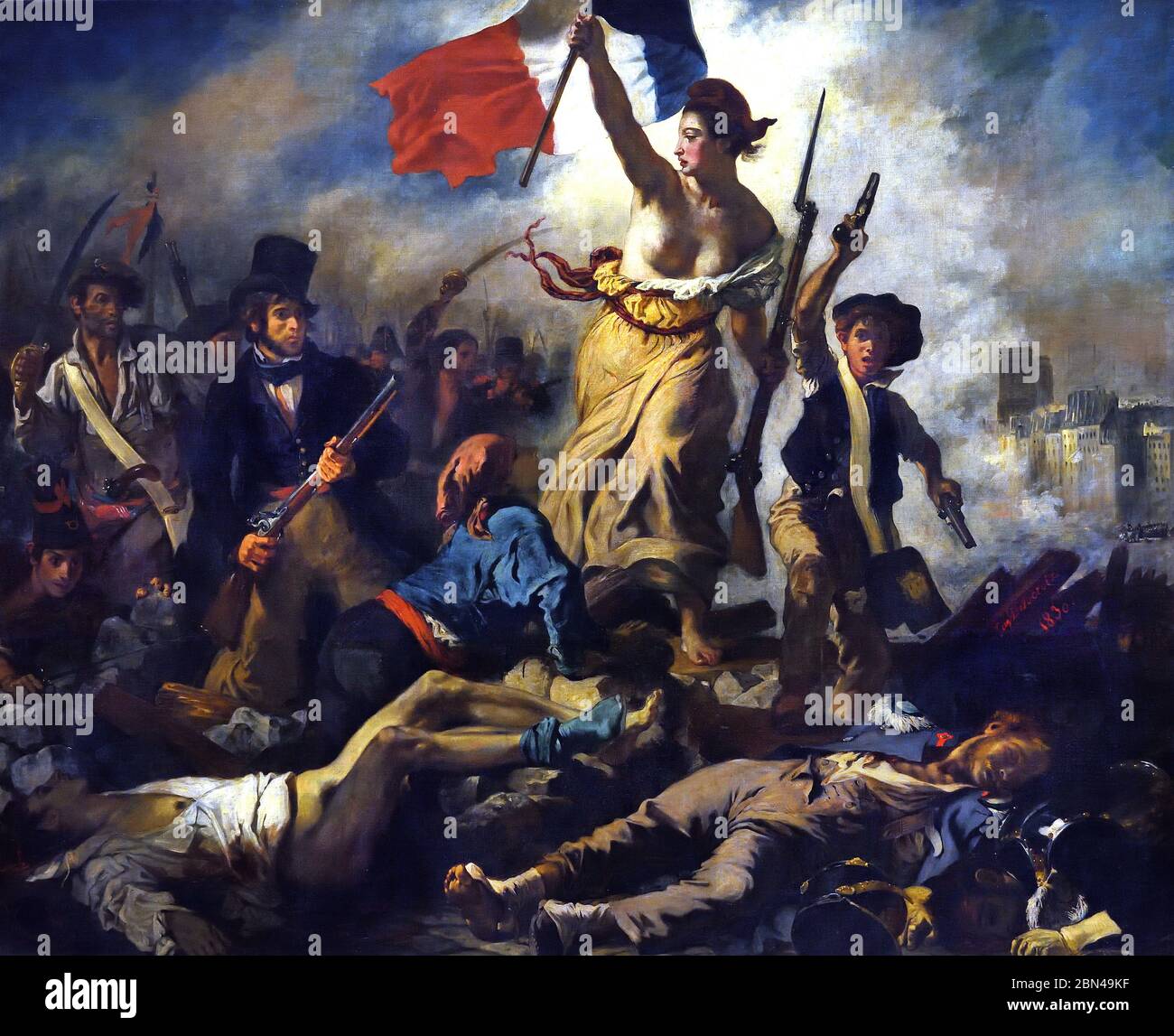 Freiheit führt das Volk 28 Juli 1830 Eugène Delacroix 1798 - 1863, Frankreich, Französisch, ( Juli Revolution von 1830, die König Karl X. von Frankreich gestürzt. Eine Frau des Volkes mit einer phrygischen Kappe, die den Begriff der Freiheit personifiziert, führt eine abwechslungsreiche Gruppe von Menschen über eine Barrikade und die Körper der Gefallenen, die Flagge der Französischen Revolution halten) Stockfoto