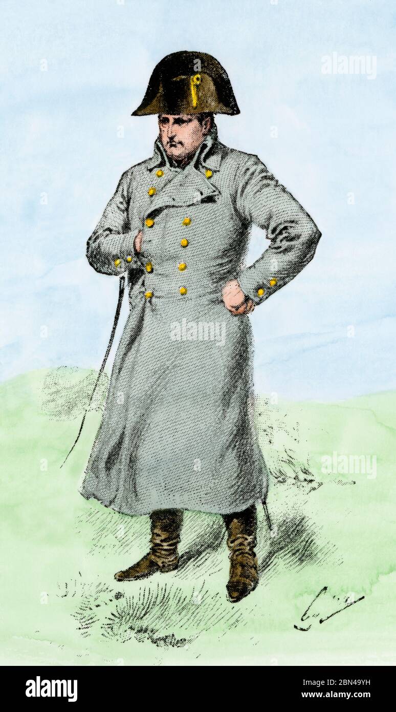 Napoleon in seinem grauen Mantel. Handkolorierter Halbton einer Abbildung Stockfoto