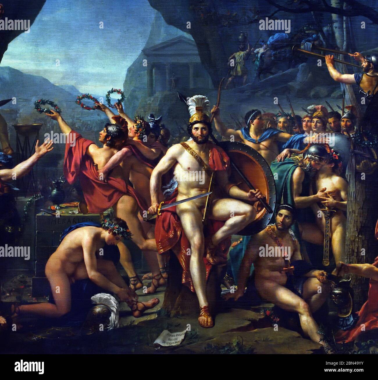 Leonidas at Thermopylen, von Jacques-Louis David, 1814 Frankreich Französisch, Leonidas war der spartanische König, der bekanntermaßen eine kleine Gruppe griechischer Alliierter in der Schlacht von Thermopylae in 480 v. Chr. führte, wo die Griechen tapfer den Pass verteidigten, durch den der persische König Xerxes mit seiner massiven Armee nach Griechenland einmarschieren wollte. Stockfoto