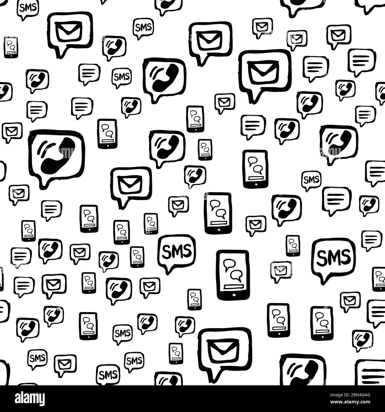 Nahtlose Kommunikation per Smartphone, SMS und E-Mail. Handgezeichnete Interaktionssymbole werden zufällig auf weißem Hintergrund platziert. Umhüllung oder Web Reproduzierin Stock Vektor