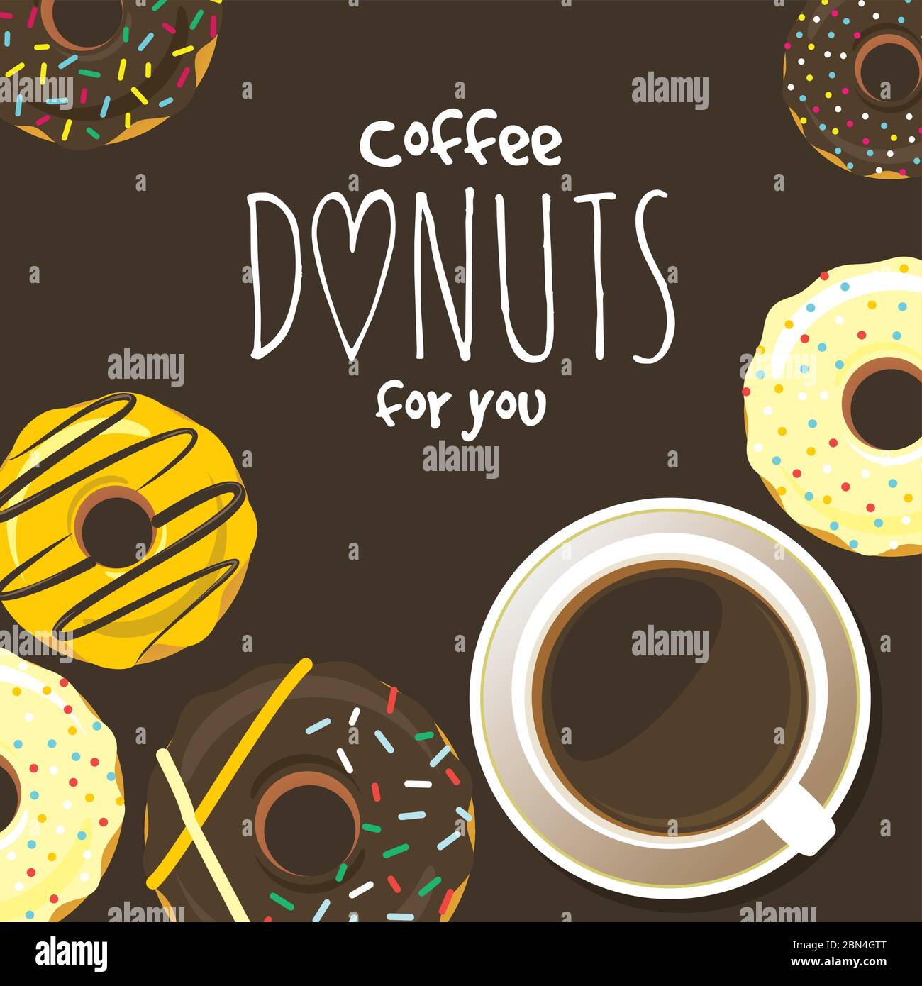 Donuts und eine Tasse Kaffee oder heiße Schokolade. Hintergrund für Poster oder Menü-Design. Süße Zucker Puderkrapfen in der Glasur mit bunten bestreuen toppi Stock Vektor