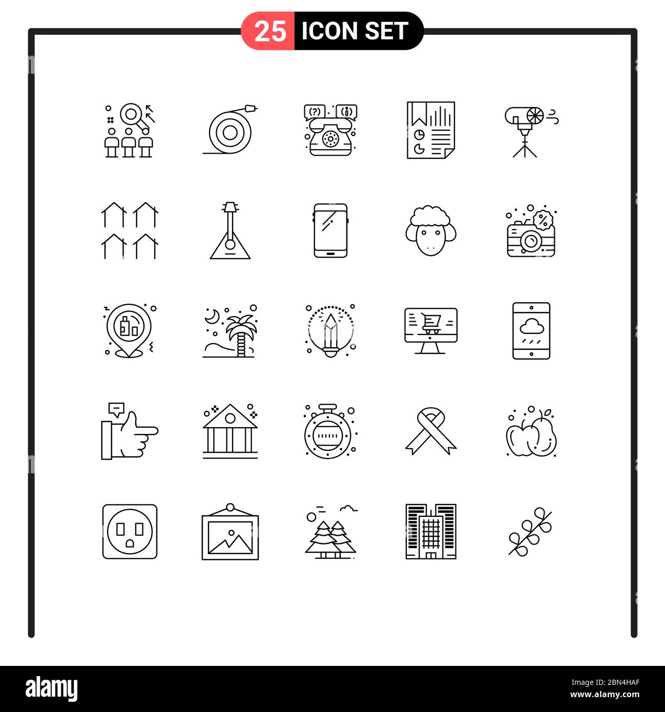 25 Universal Line Signs Symbole für Bericht, Dokument, Wasser, Daten, Telefon editierbare Vektordesign-Elemente Stock Vektor