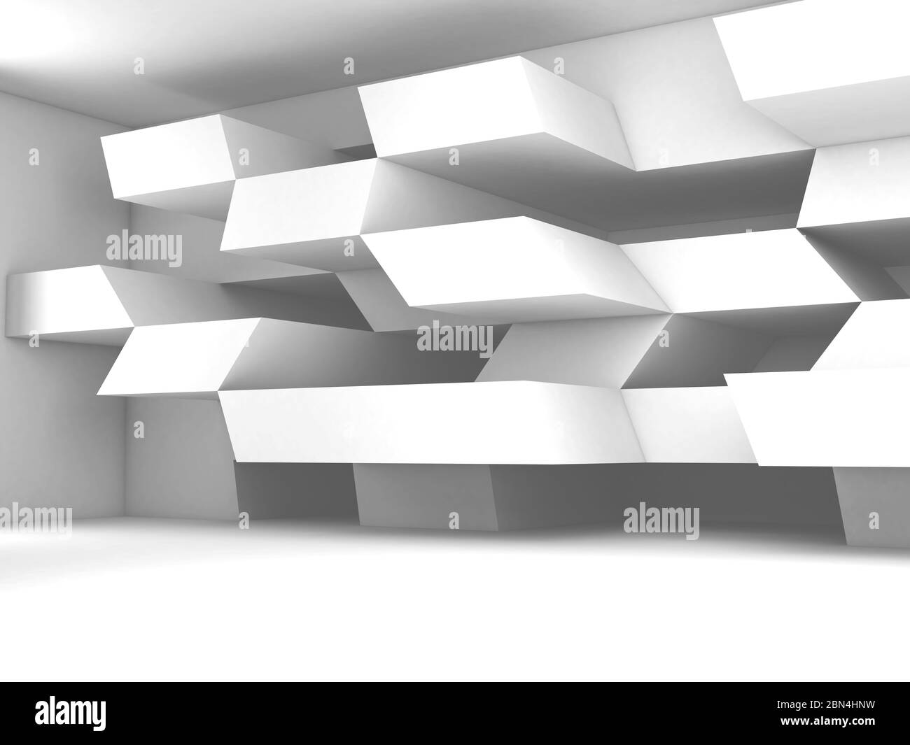 Abstrakt weißen leeren Raum Innenraum Hintergrund mit parametrischen geometrischen Installation an der Wand, 3d-Rendering-Illustration Stockfoto