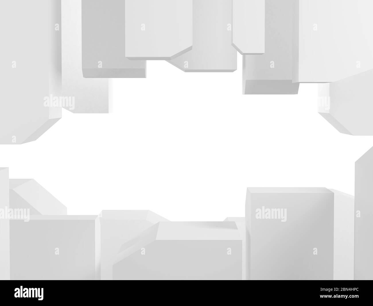 Abstrakter weißer Hightech-Hintergrund, leerer Rahmen von Spalten mit Kopierbereich, 3d-Rendering-Illustration Stockfoto