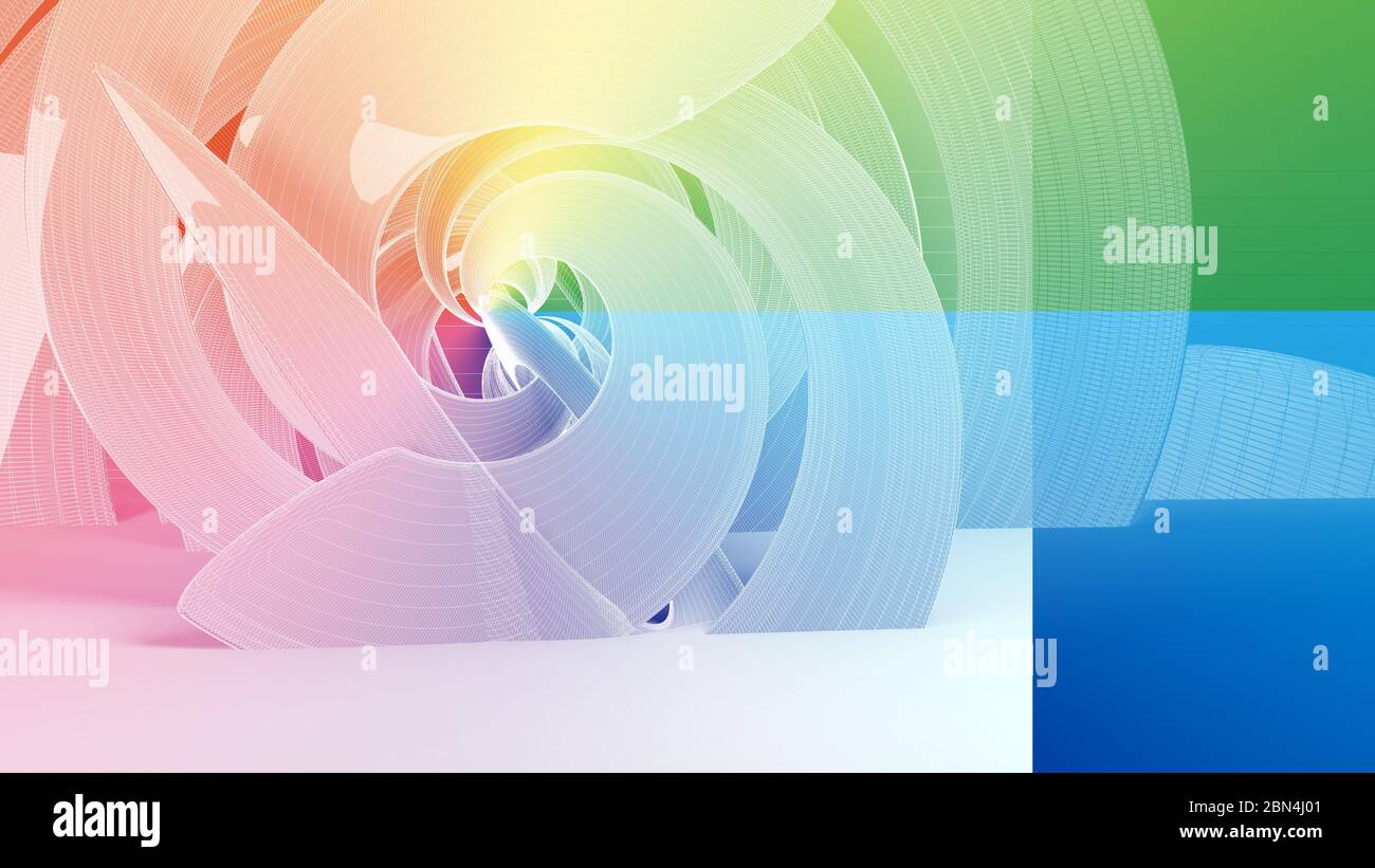Abstrakt bunten cgi Hintergrund mit Drahtrahmen Spirale Installation, 3d-Rendering-Illustration Stockfoto