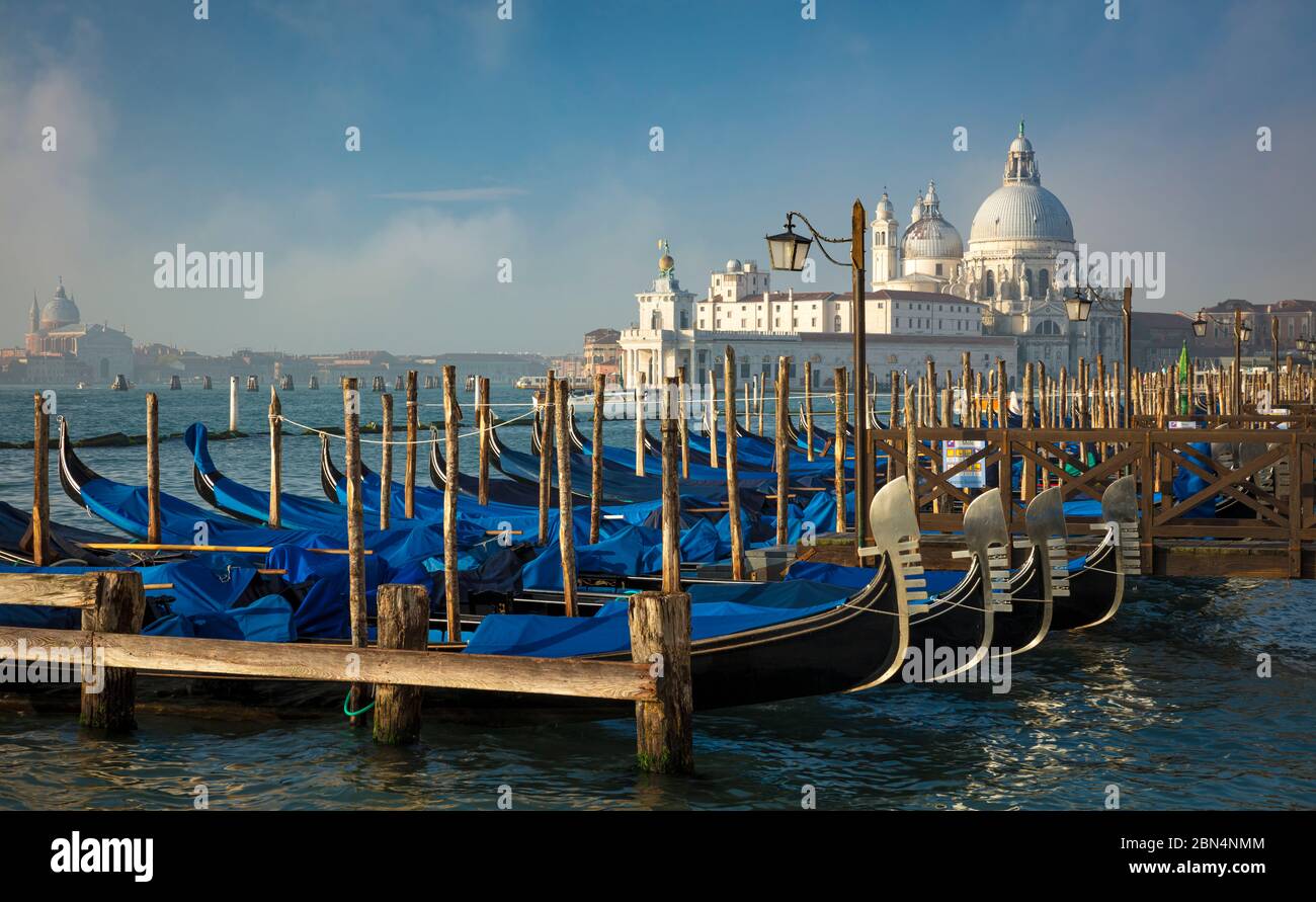 Schaukelnden Gondeln unter Santa Maria della Salute, Venedig, Veneto, Italien Stockfoto