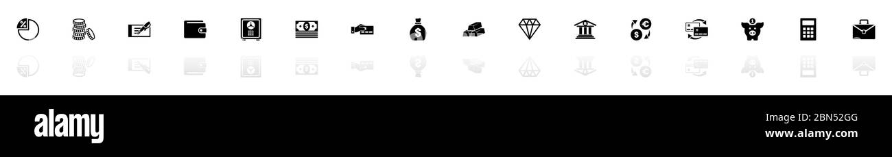Banking Icons - Schwarz horizontale Illustration Symbol auf weißem Hintergrund mit einem Spiegel Schatten Reflexion. Flacher Vektor. Stock Vektor