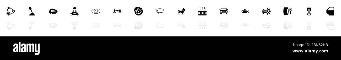 Auto Icons - Schwarz horizontale Illustration Symbol auf weißem Hintergrund mit einem Spiegel Schatten Reflexion. Flacher Vektor. Stock Vektor