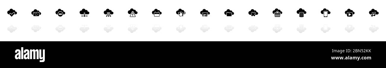 Computing Cloud Icons - Schwarz horizontale Illustration Symbol auf weißem Hintergrund mit einem Spiegel Schatten Reflexion. Flacher Vektor. Stock Vektor