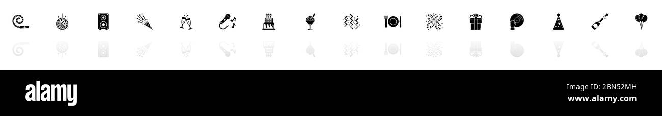 Events Icons - Schwarz horizontale Illustration Symbol auf weißem Hintergrund mit einem Spiegel Schatten Reflexion. Flacher Vektor. Stock Vektor
