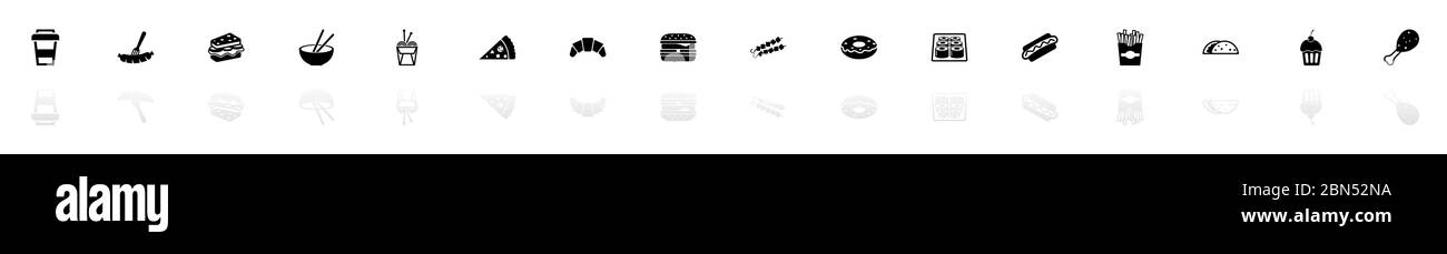 Fast Food Icons - Schwarz horizontale Illustration Symbol auf weißem Hintergrund mit einem Spiegel Schatten Reflexion. Flacher Vektor. Stock Vektor