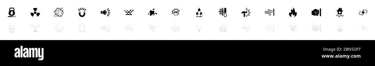 Einflusssymbole - Schwarzes horizontales Illustrationssymbol auf weißem Hintergrund mit Spiegelschattenreflexion. Flacher Vektor. Stock Vektor